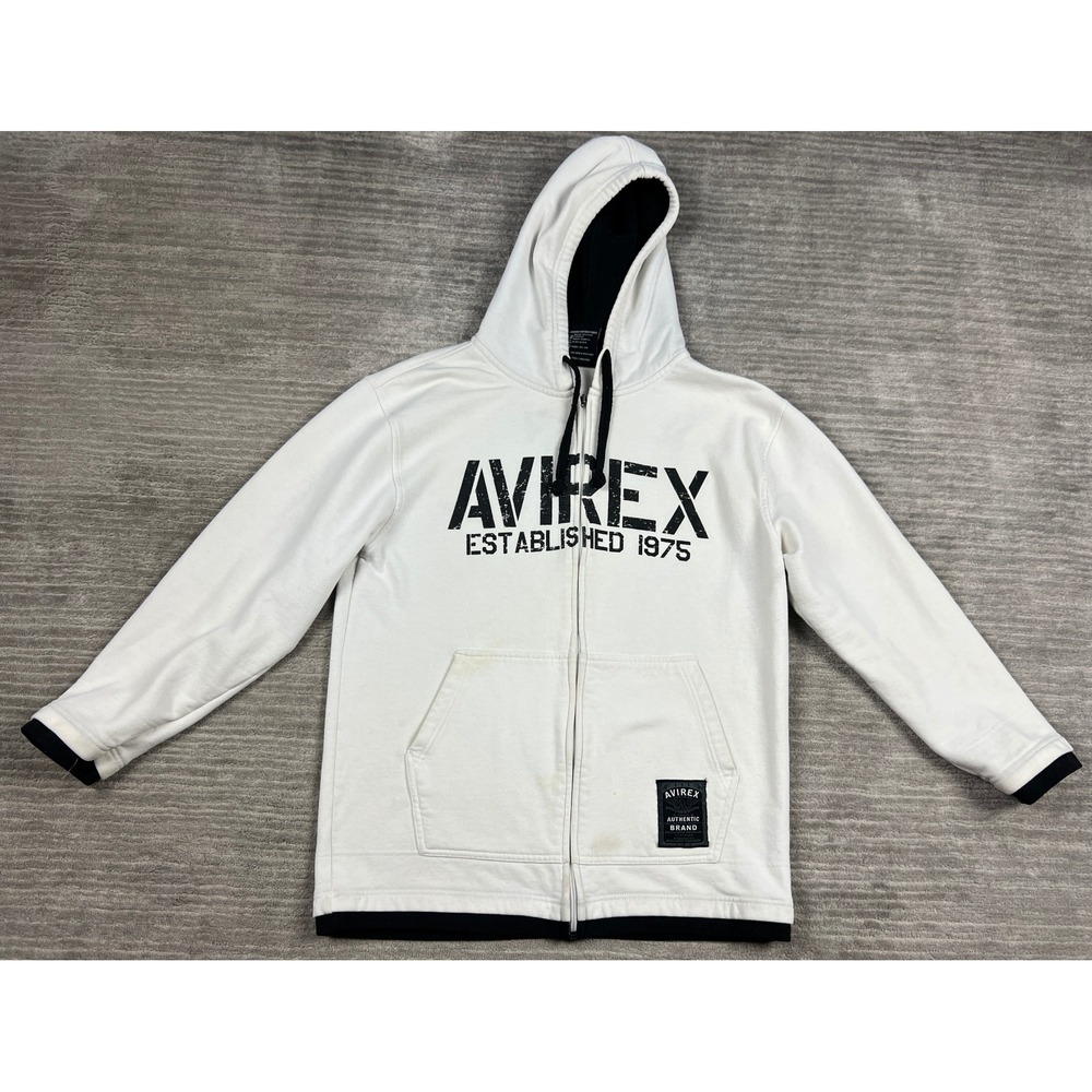 Avirex Hoodie Mens Medium White Full Zip Established 1975‎ Graphic Thermal Hood